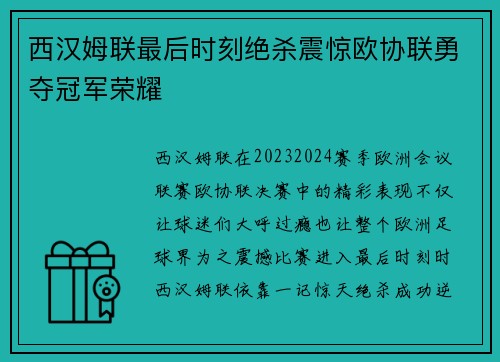 西汉姆联最后时刻绝杀震惊欧协联勇夺冠军荣耀