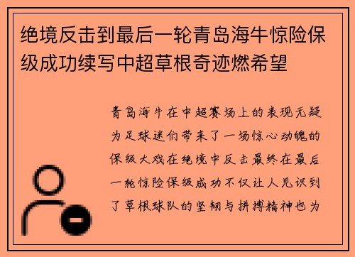 绝境反击到最后一轮青岛海牛惊险保级成功续写中超草根奇迹燃希望
